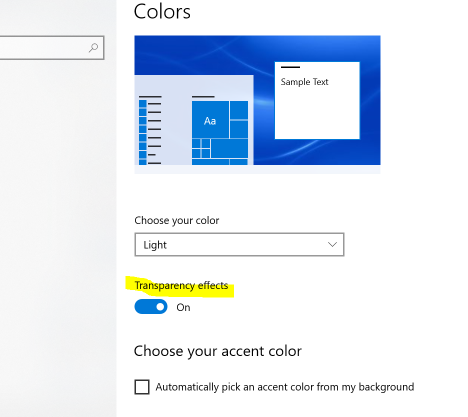 Transparency effects option in Personalization > Colors